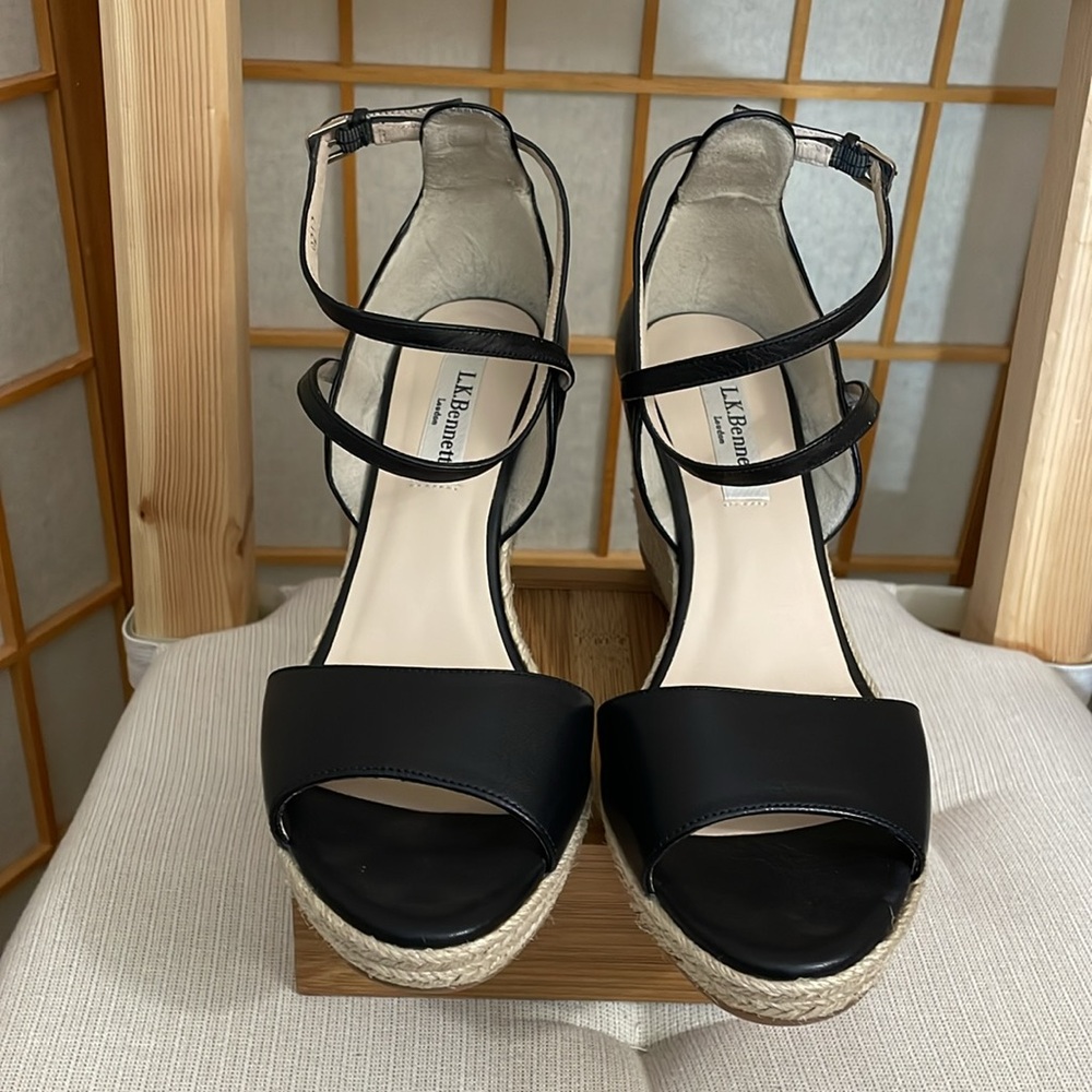 L.K. Bennett Black Leather Nellie Peep Toe Espadrille Wedge Heel EU 37.5 /US 7 - Picture 4 of 16
